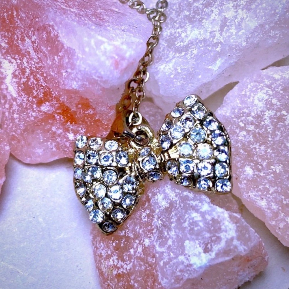Mini Rhinestone Bow Tie Necklace Gold Tone